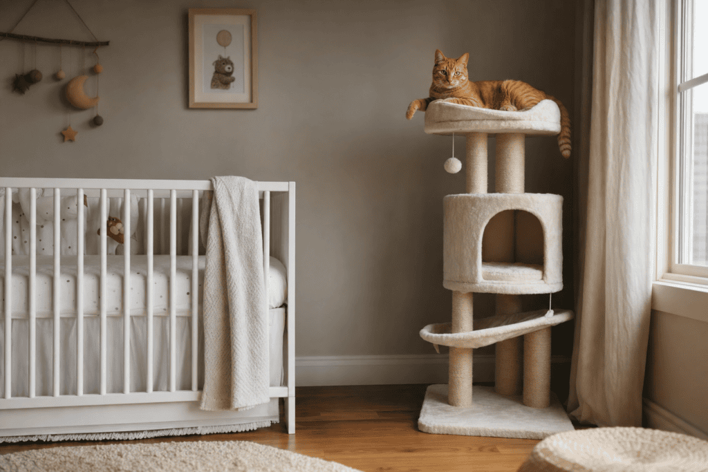 Gato atigrado naranja descansando en un árbol rascador junto a una cuna en una habitación infantil luminosa