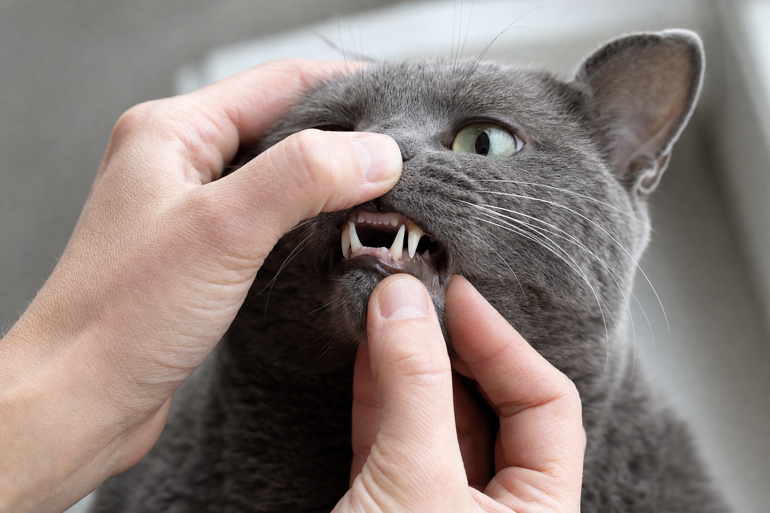 Primer plano de un gato gris de pelo corto siendo examinado en la boca por unas manos humanas para revisar sus dientes