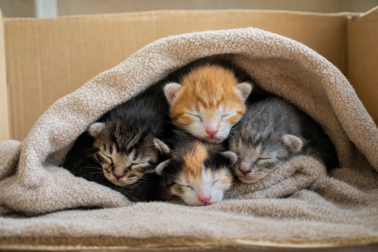 Camada de gatitos recien nacidos con los ojos cerrados acurrucados bajo una manta en una caja