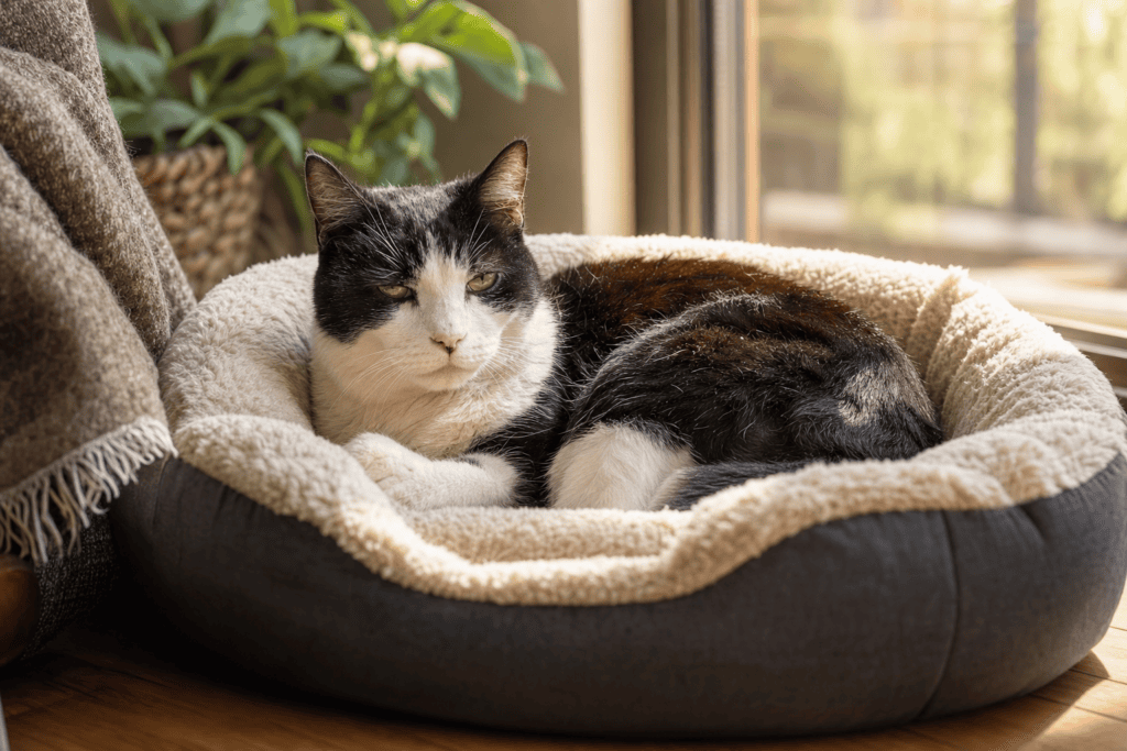 Gato senior blanco y negro dormido en una cama mullida junto a una ventana soleada, con plantas y mantas alrededor