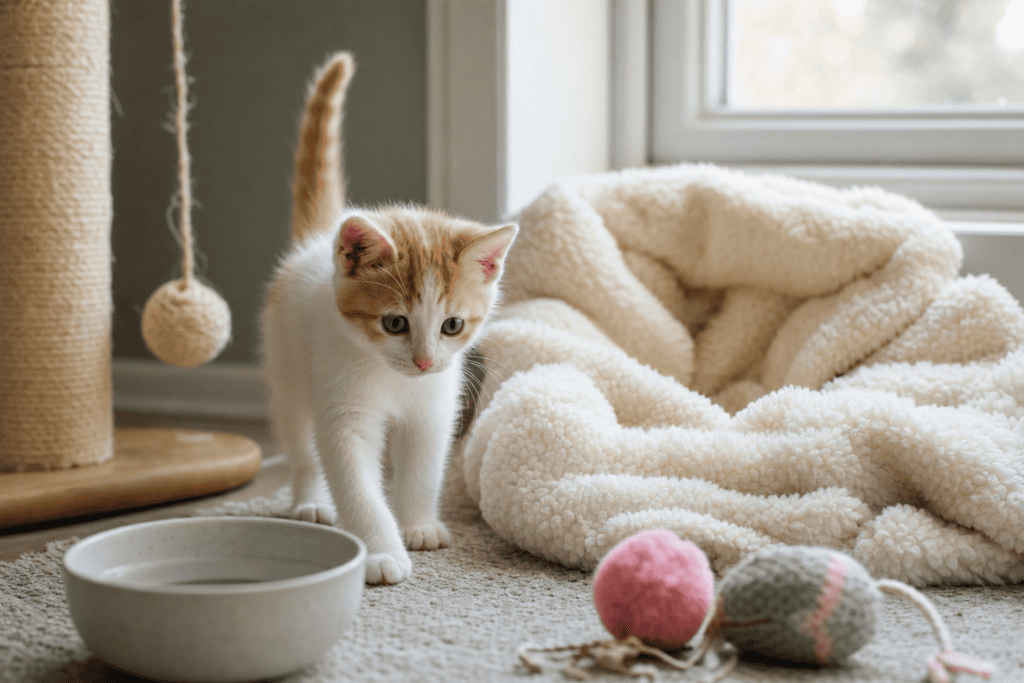 Gatito blanco y naranja explorando un rincón seguro en casa con mantita y juguetes