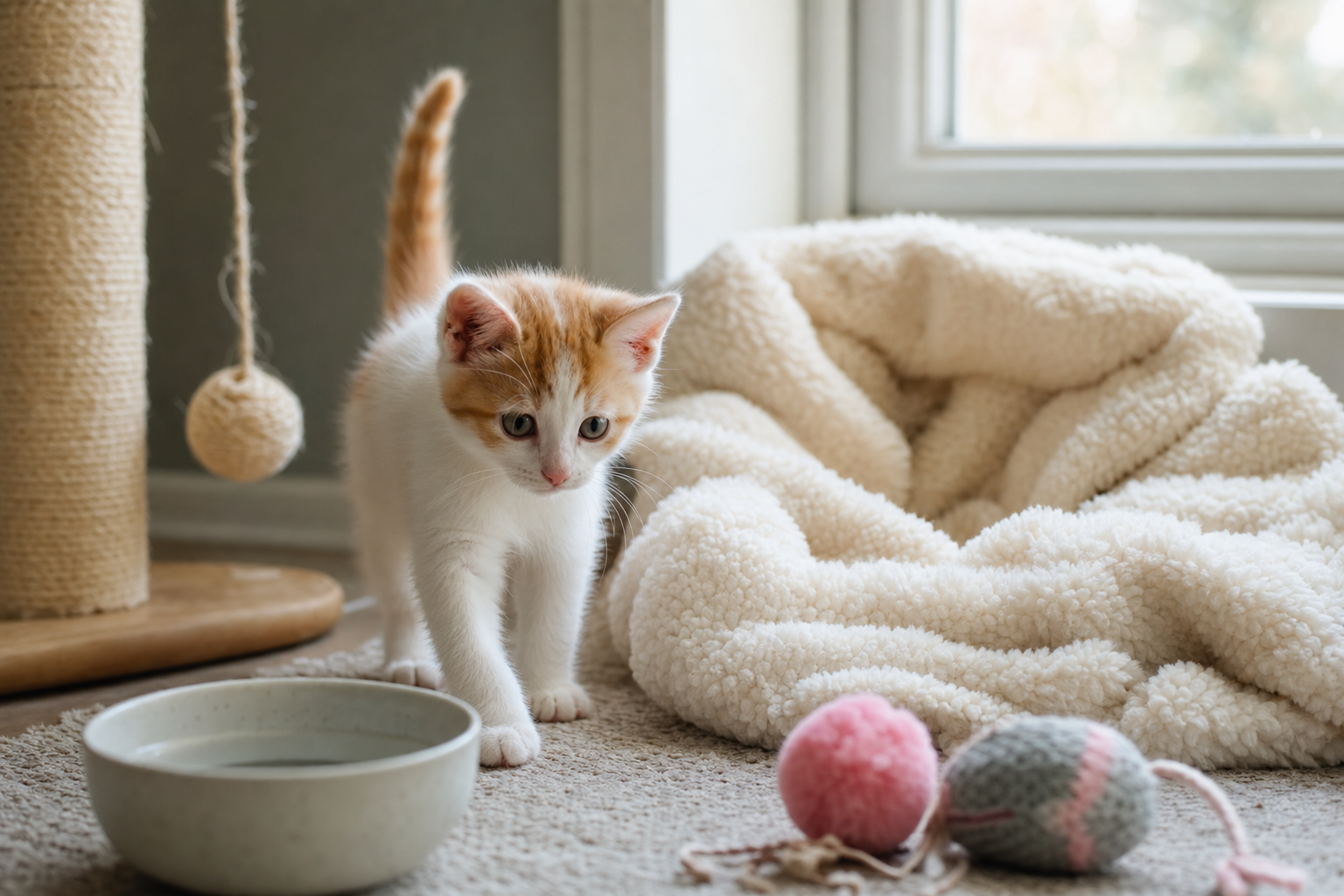 Gatito blanco y naranja explorando un rincón seguro en casa con mantita y juguetes