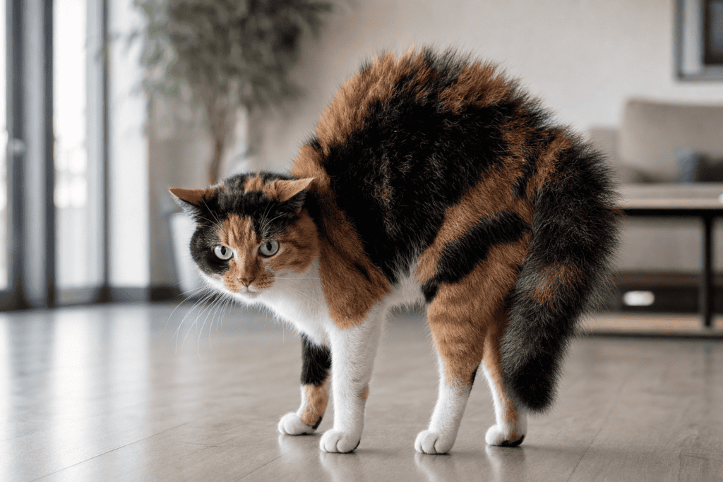 Gata tricolor mostrando postura defensiva en el salón de una casa moderna con luz suave de la mañana
