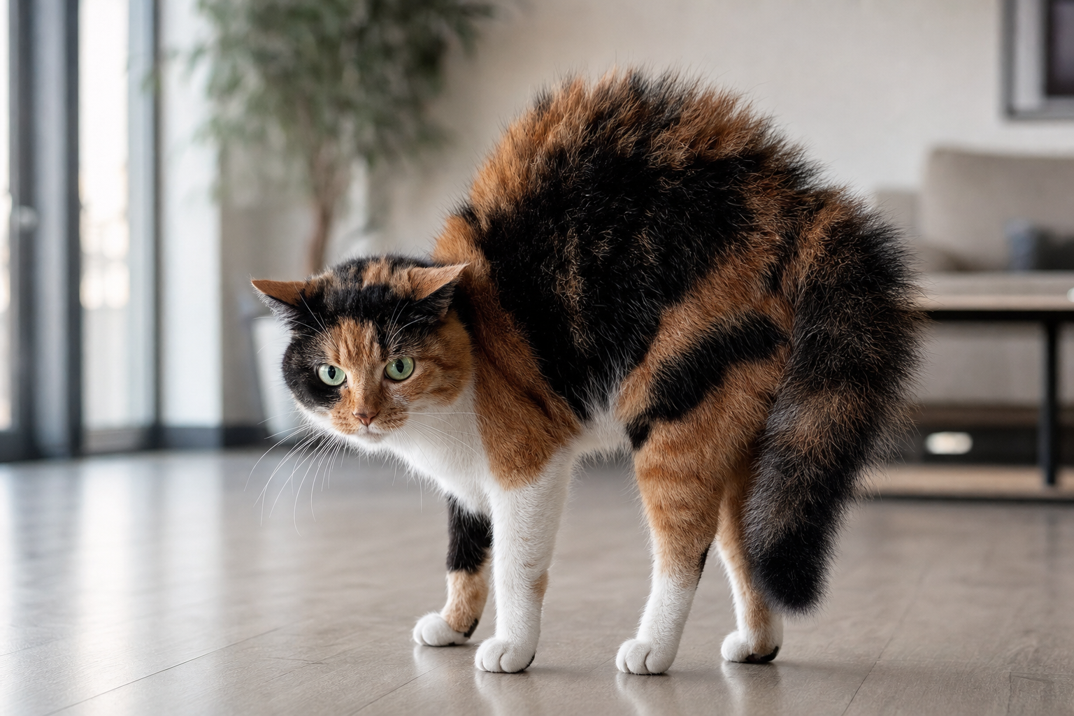 Gata tricolor mostrando postura defensiva en el salón de una casa moderna con luz suave de la mañana