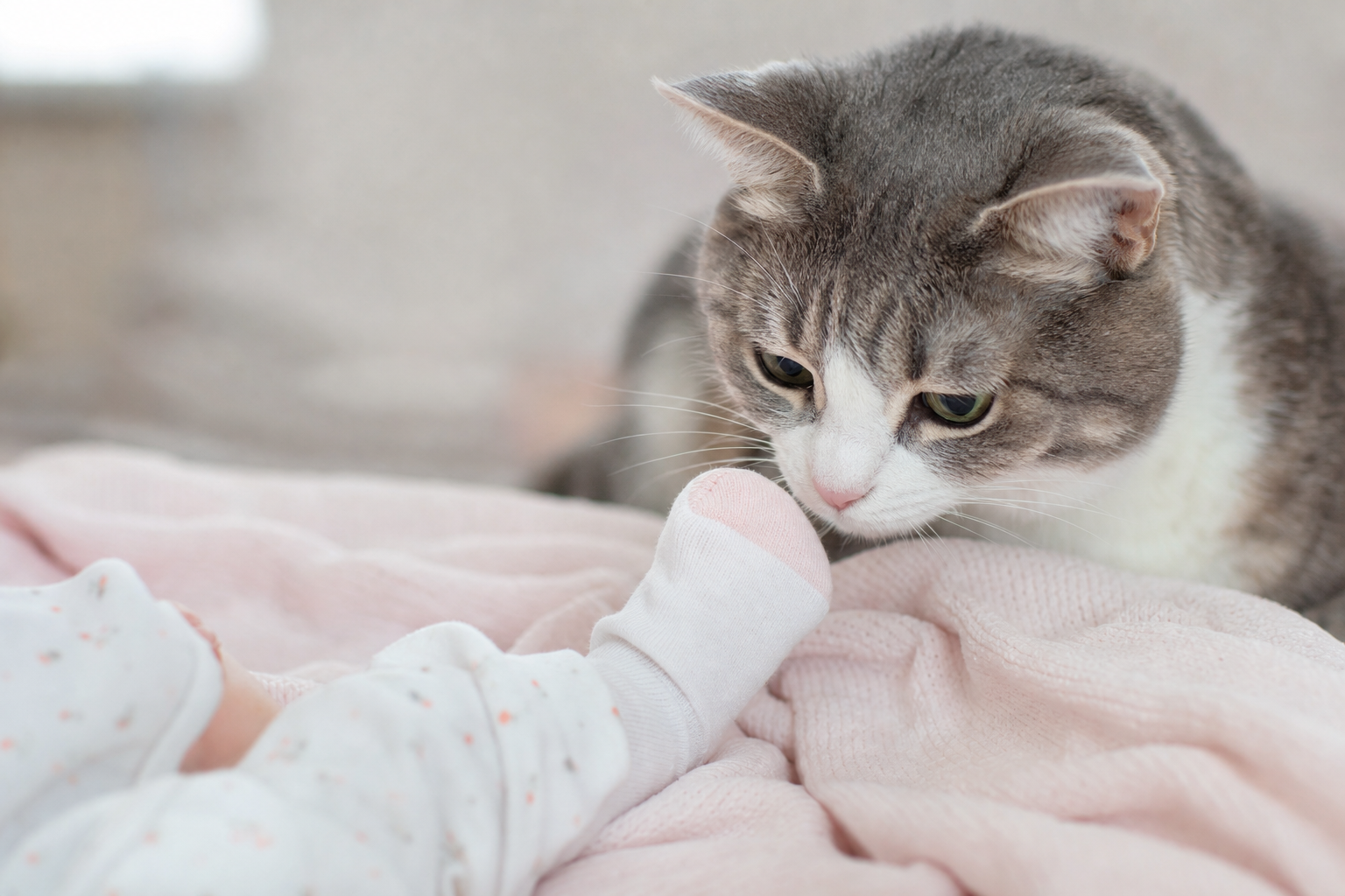 Gato gris y blanco oliendo un calcetín de bebé sobre una manta suave
