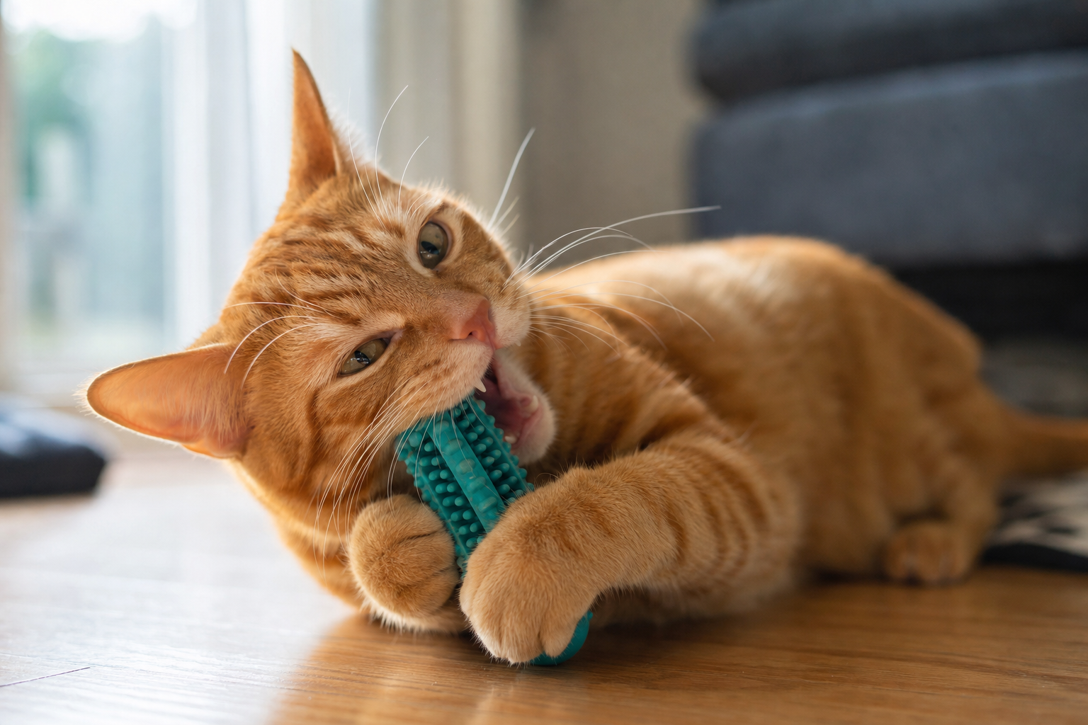 Gato naranja jugando y mordiendo un juguete dental de goma natural en el suelo de casa
