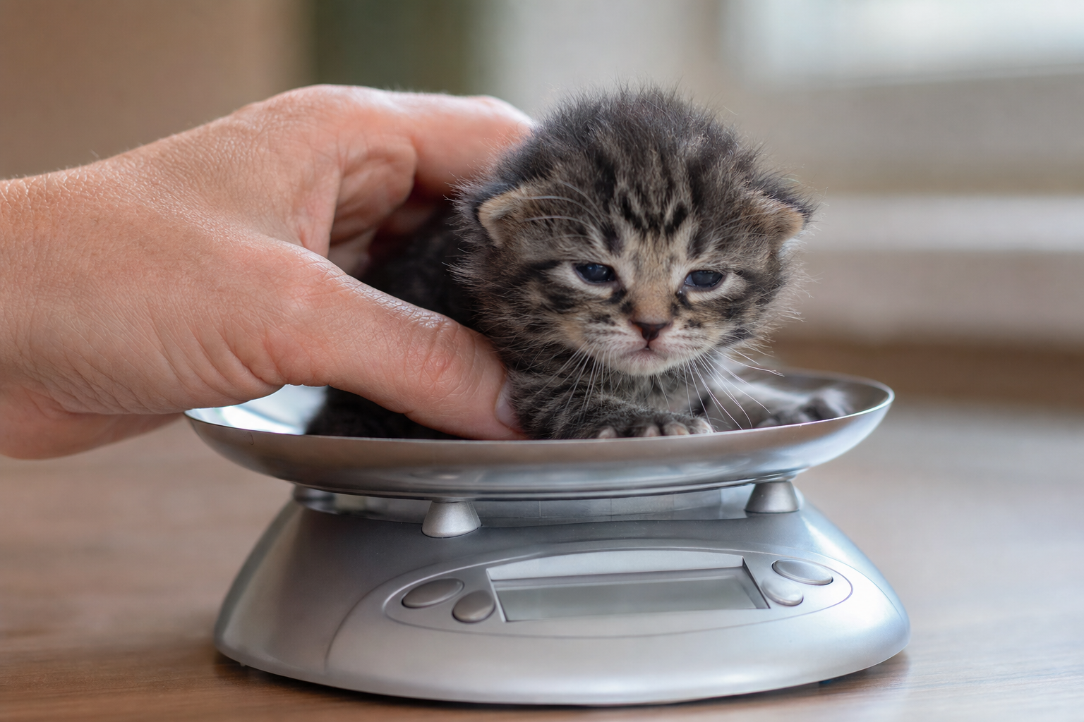 Persona pesando un gatito atigrado diminuto en una bascula digital, con fondo neutro y luz suave
