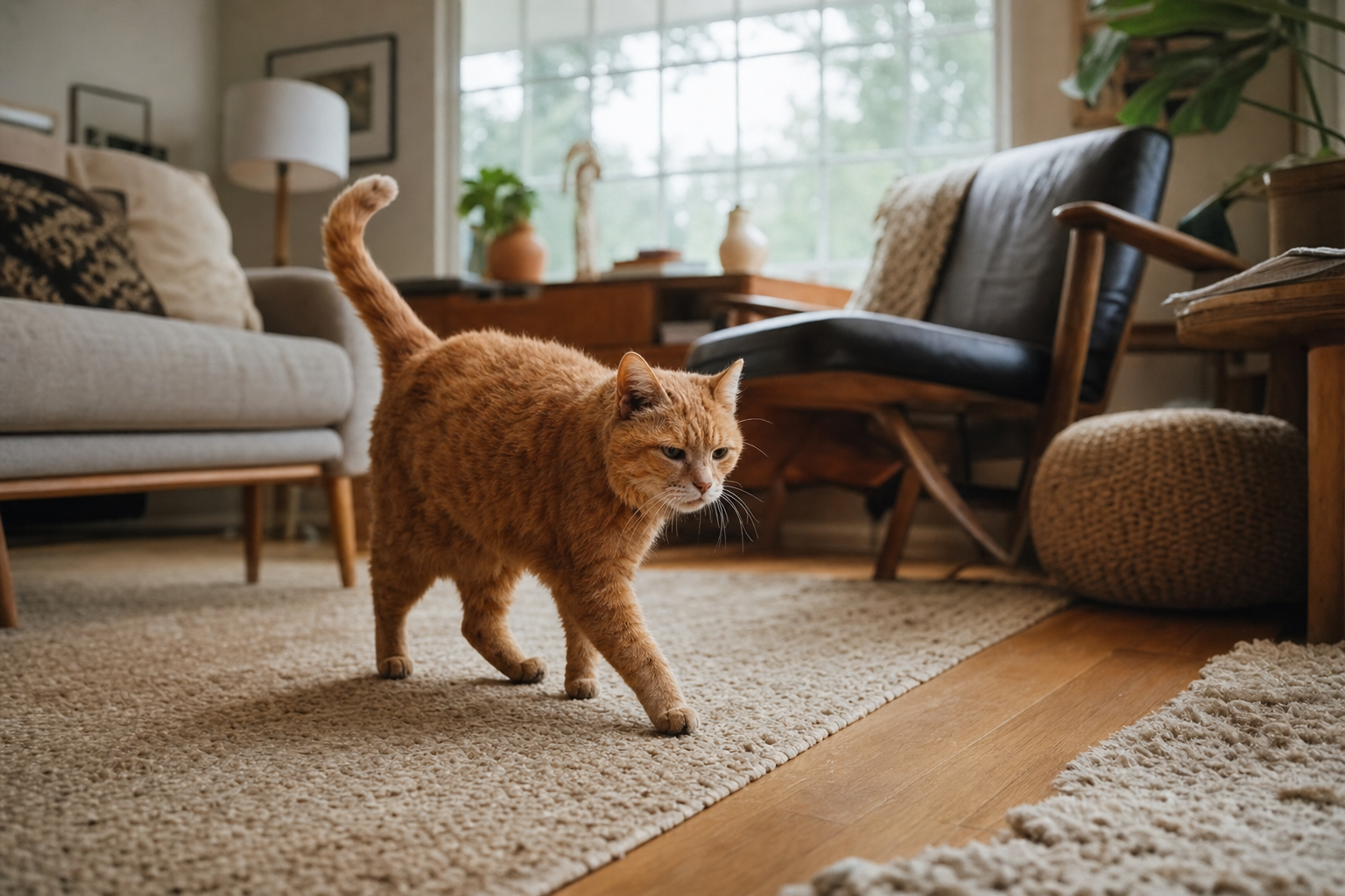 Gato senior naranja explorando un salón acogedor con alfombras y muebles seguros para su movilidad