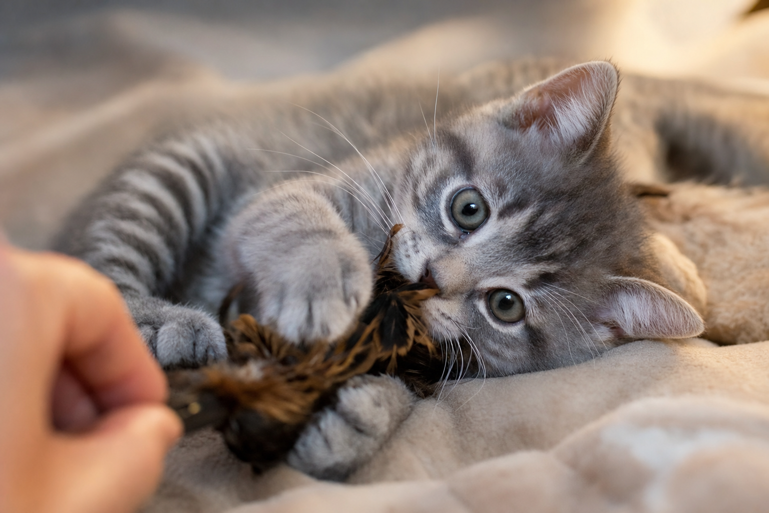 Gatito atigrado gris jugando con una mano humana y un juguete de plumas sobre una manta suave