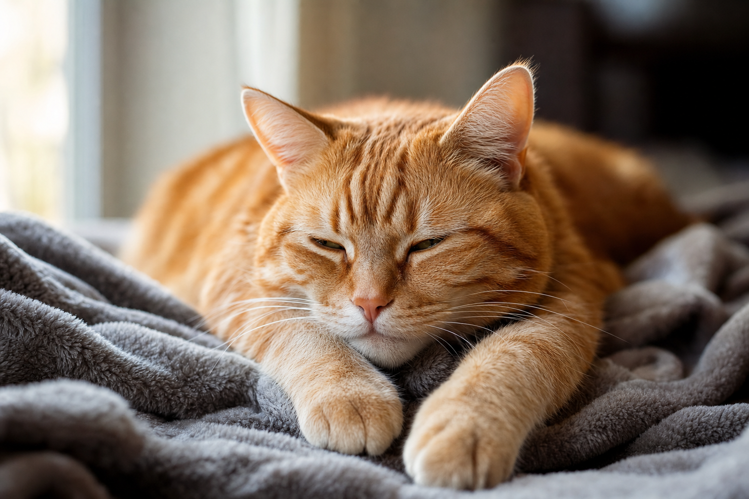 Gato rubio relajado tumbado sobre una manta gris en casa con luz suave