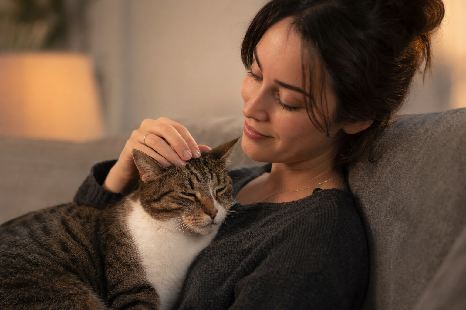 Mujer acariciando a un gato adulto relajado en el sofá, momento de conexión humano-felina