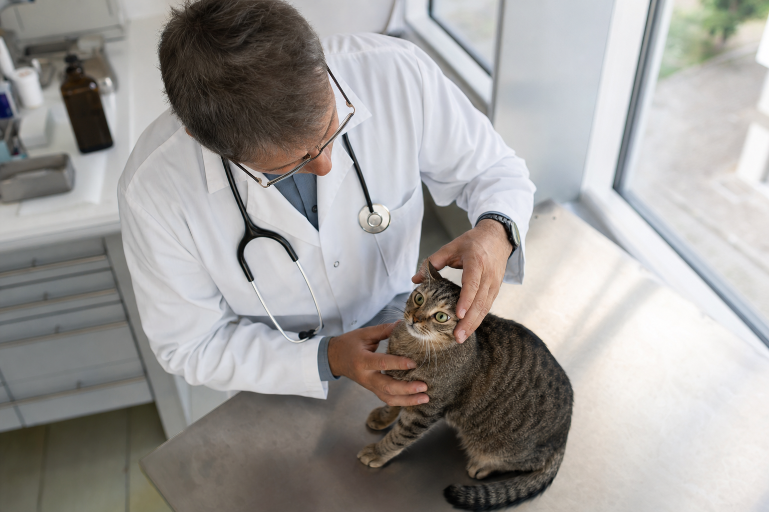 Veterinario revisando a un gato atigrado sobre una mesa de consulta para detectar parásitos externos