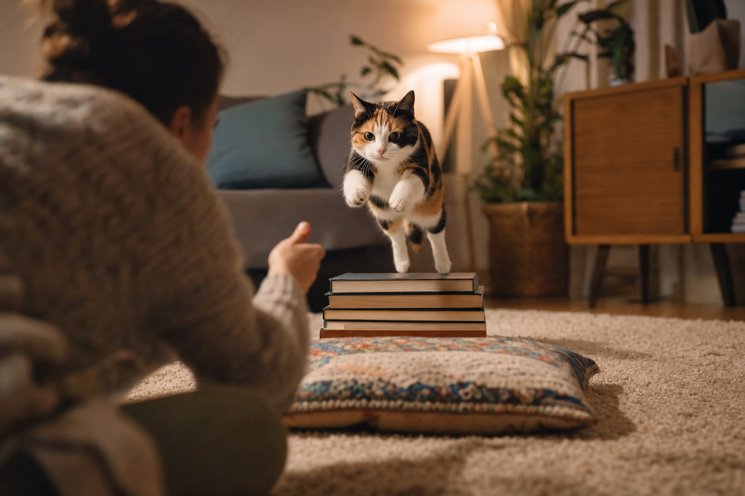 Persona animando a un gato tricolor a saltar entre obstáculos bajos hechos con cojines y libros en el salón