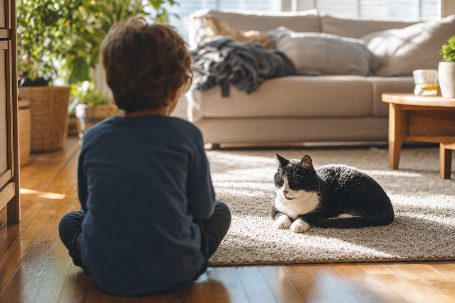 Niño pequeño observando en silencio a un gato blanco y negro descansando sobre una alfombra en el salón