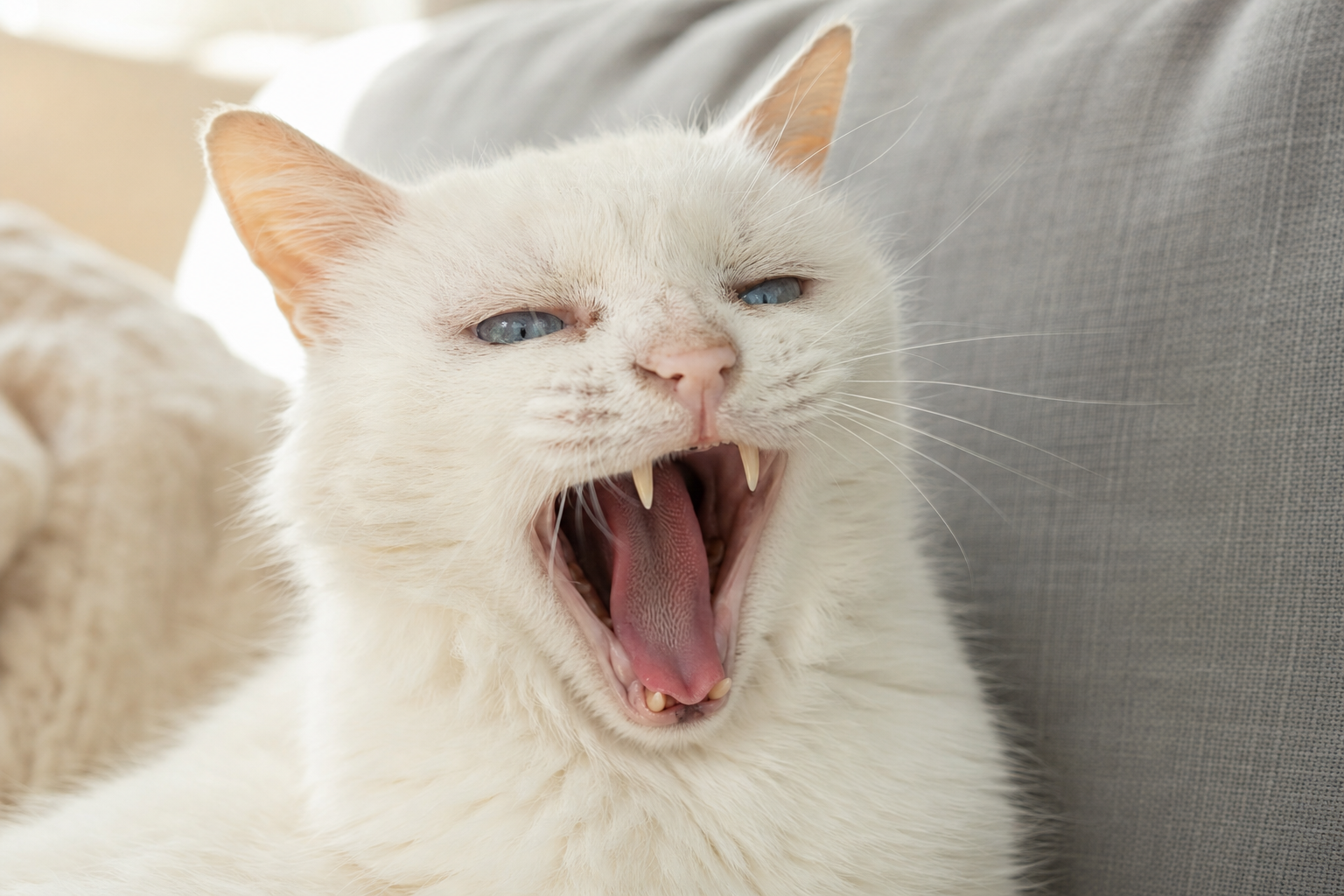 Gato blanco mayor bostezando y mostrando dientes y encías sobre un sofá claro