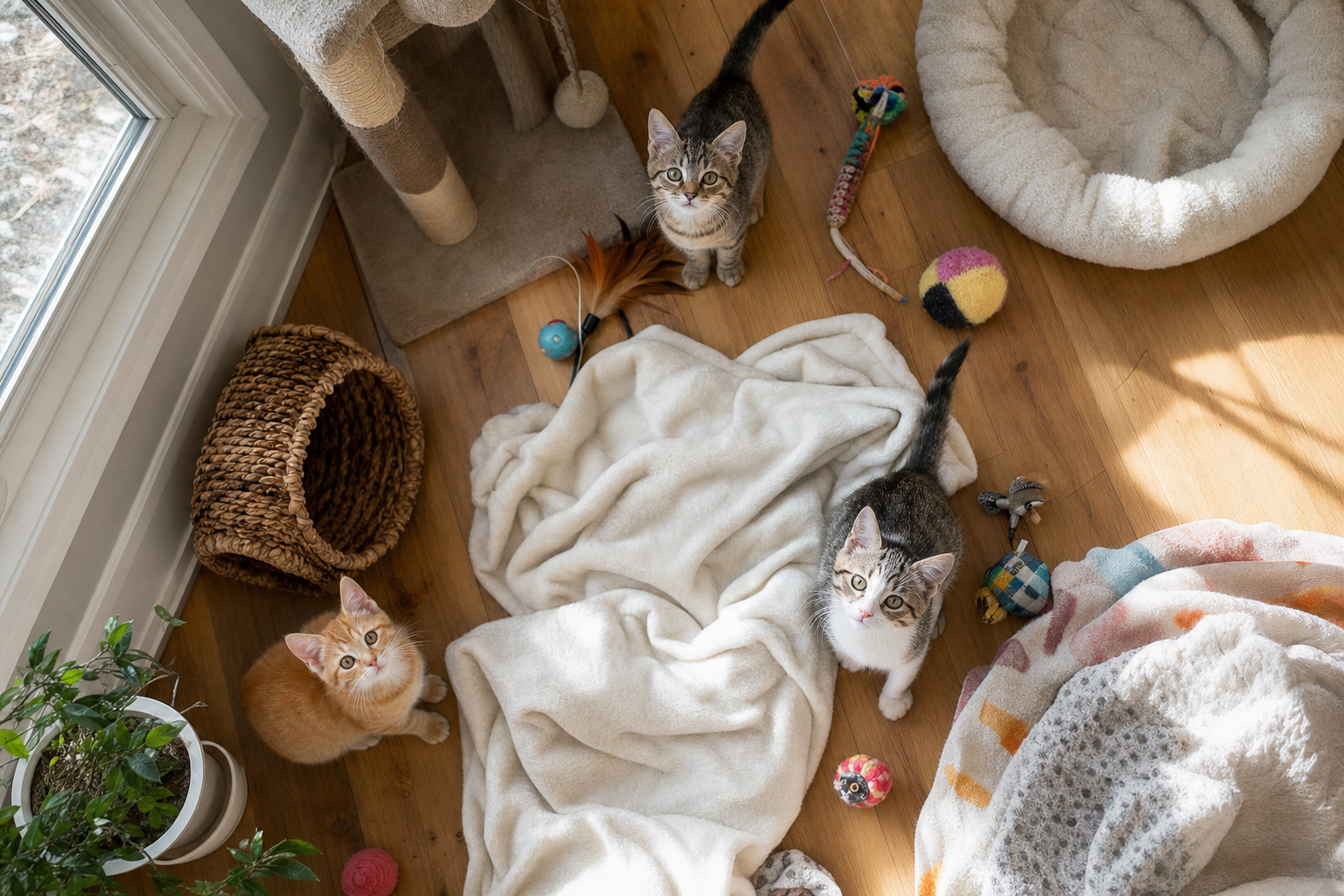 Tres gatitos jovenes explorando una zona de juegos segura con juguetes y mantas bajo luz natural