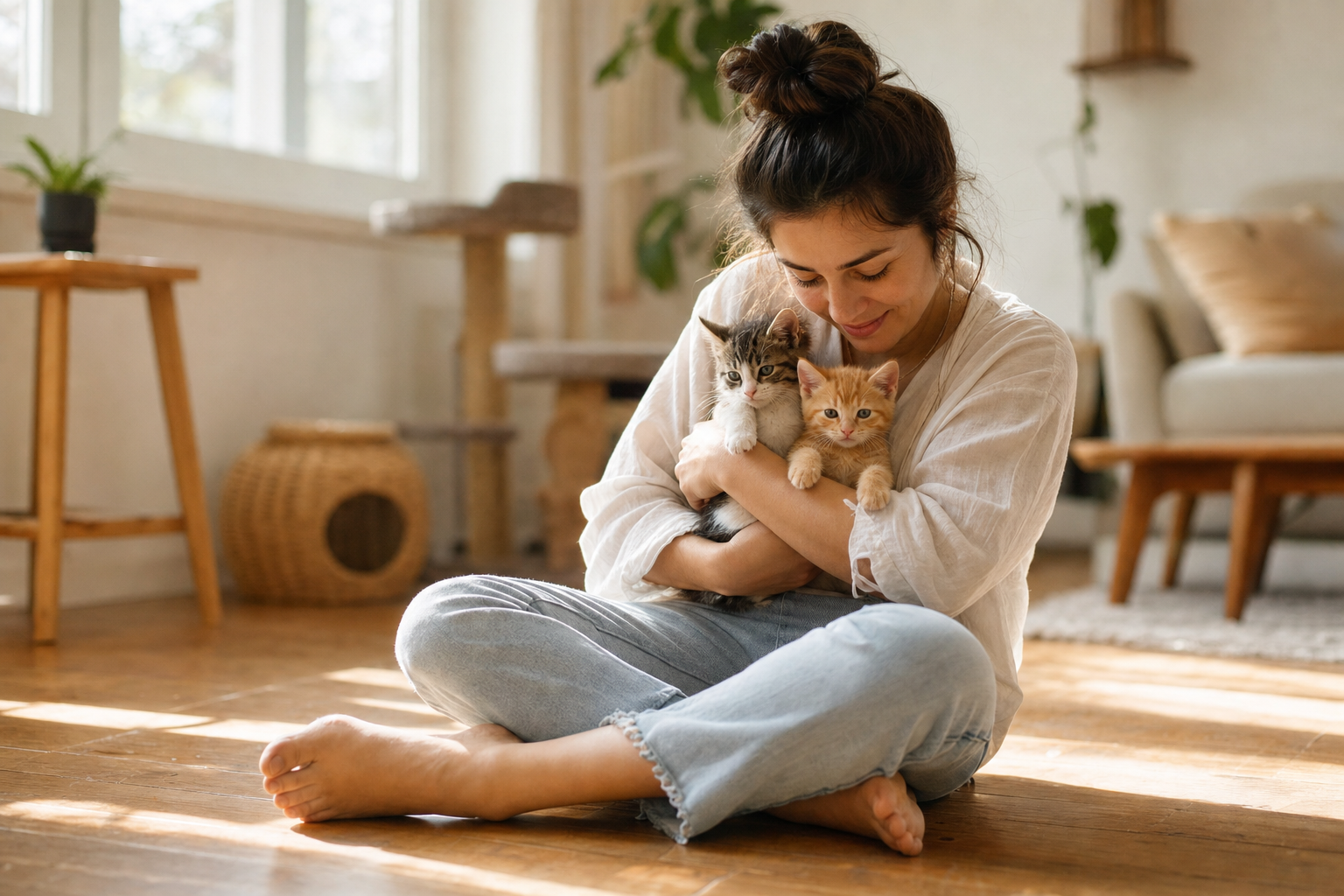 Mujer joven abrazando a dos gatitos en un salón luminoso al atardecer