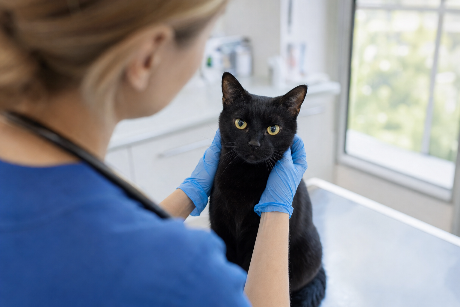 Veterinario revisando a un gato negro tranquilo durante consulta en clínica luminosa