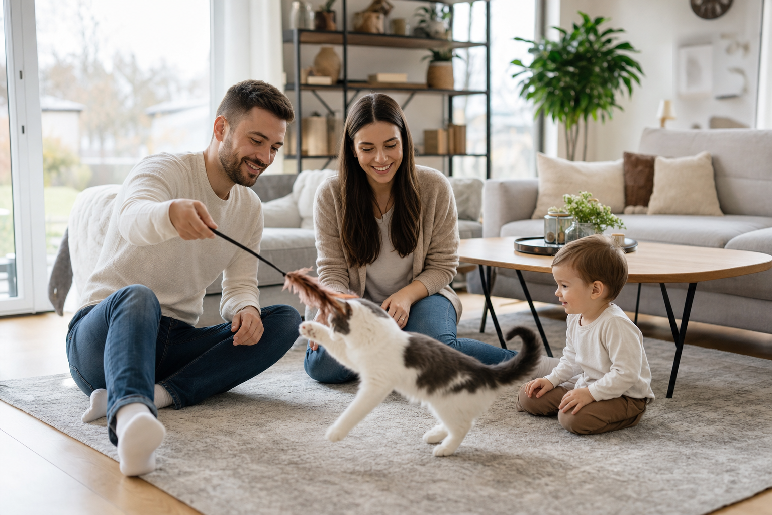 Familia jugando con un gato blanco y gris en el salón, mostrando un entorno familiar felino feliz