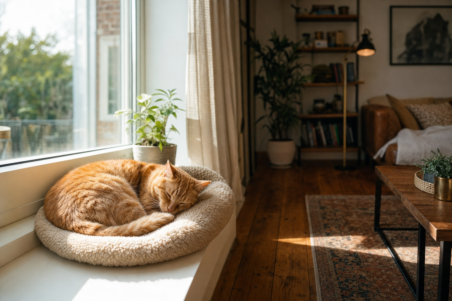 Rincón de salón luminoso con un gato naranja dormido en una cama mullida junto a la ventana