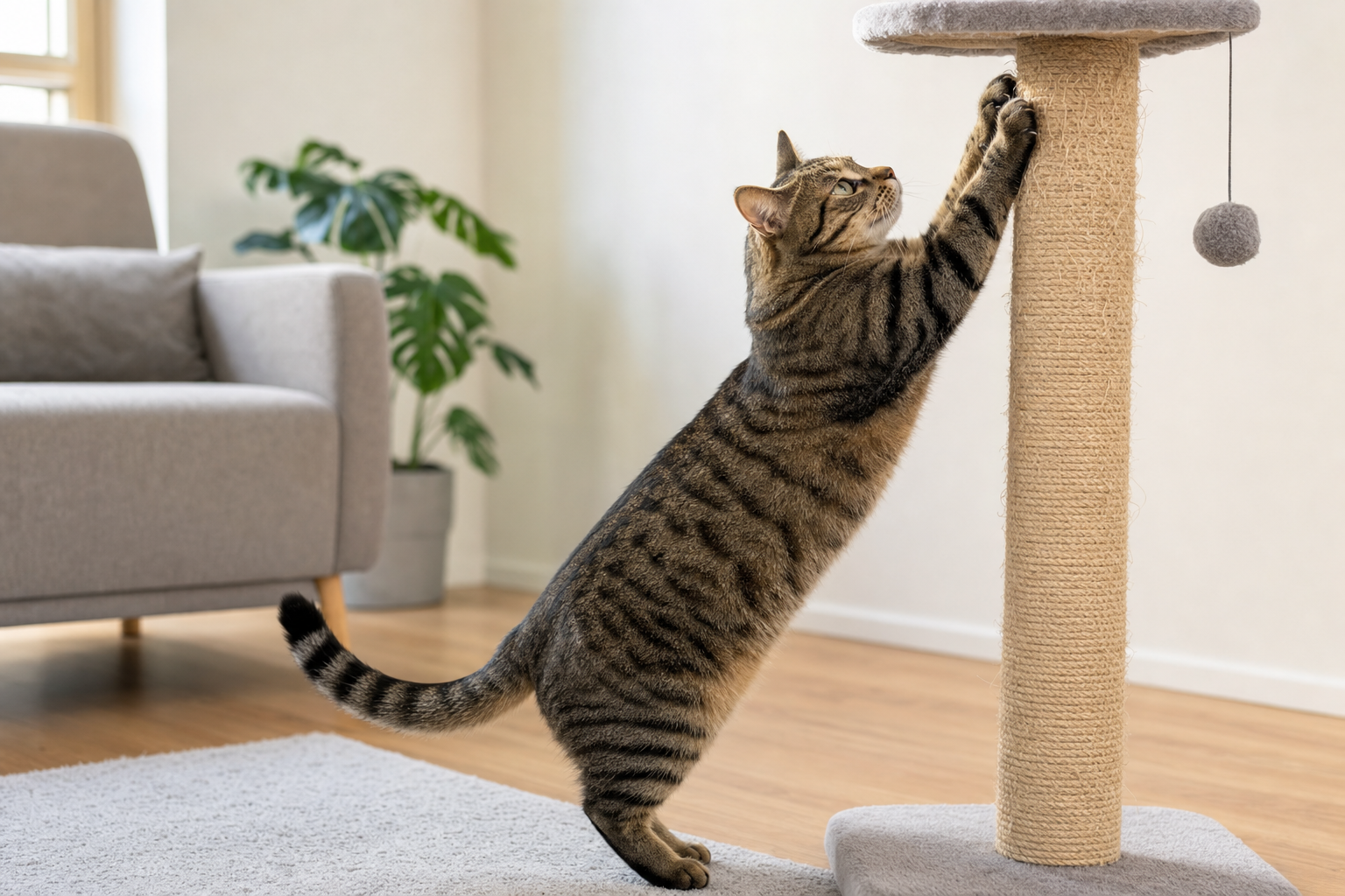 Gato atigrado estirándose en un poste rascador de sisal en un salón moderno